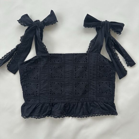 FARM Rio Ruffled Broderie Anglaise Tank Black Eyelet Tie Straps Medium $144 - Picture 5 of 12